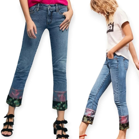 Anthropologie Pilcro Slim Boyfriend Jeans with Patchwork Satin Hems Boho 25 - Picture 1 of 16